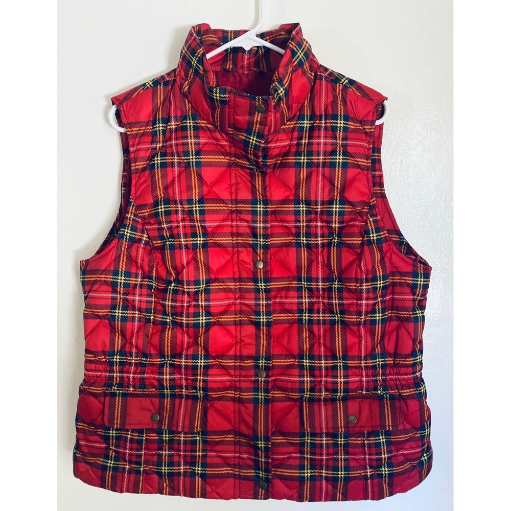 Talbots Red Tartan Plaid Quilted Down Puffer Vest XL Sleeveless Zip Snap Jacket